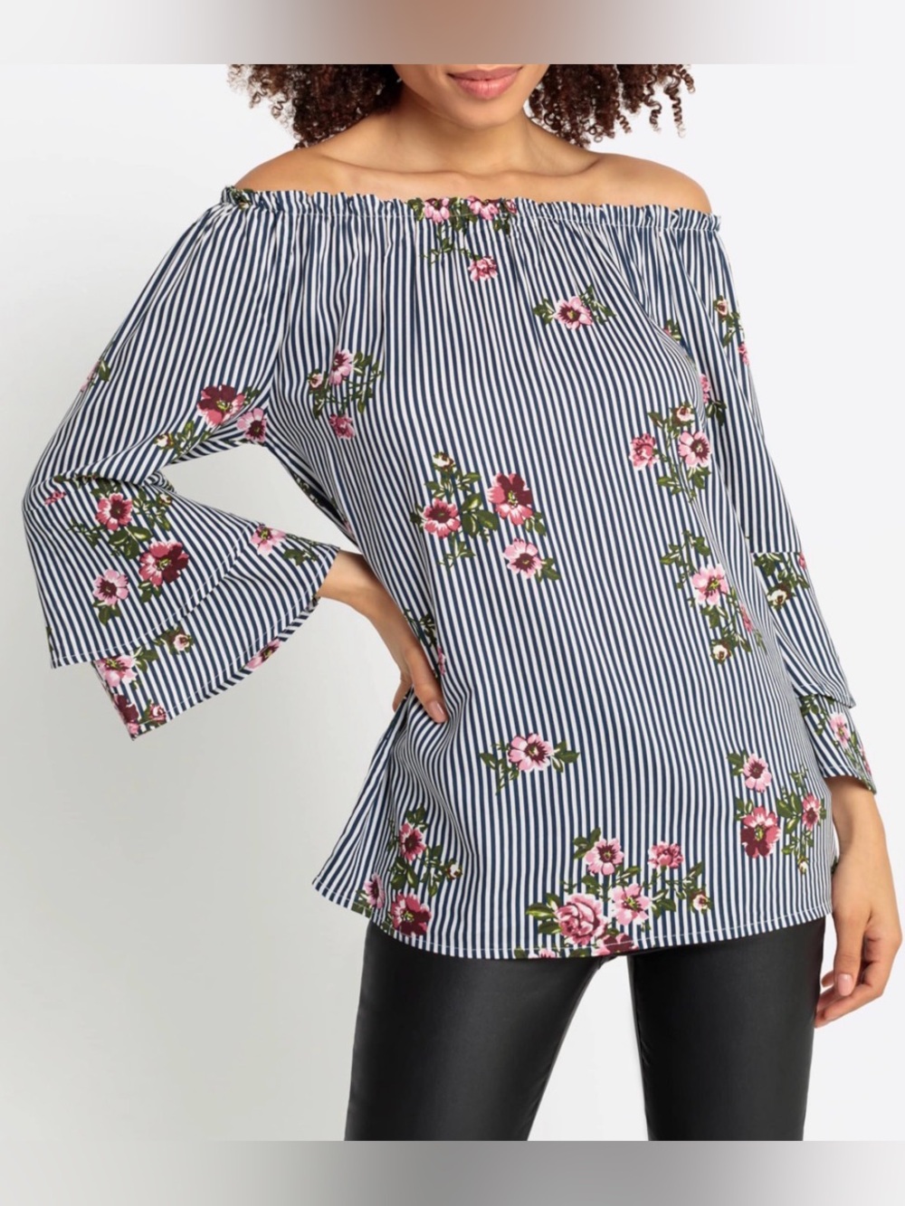 LASCANA Off Shoulder Floral Striped Blouse Women’s US 6 Blue White Bell Sleeve